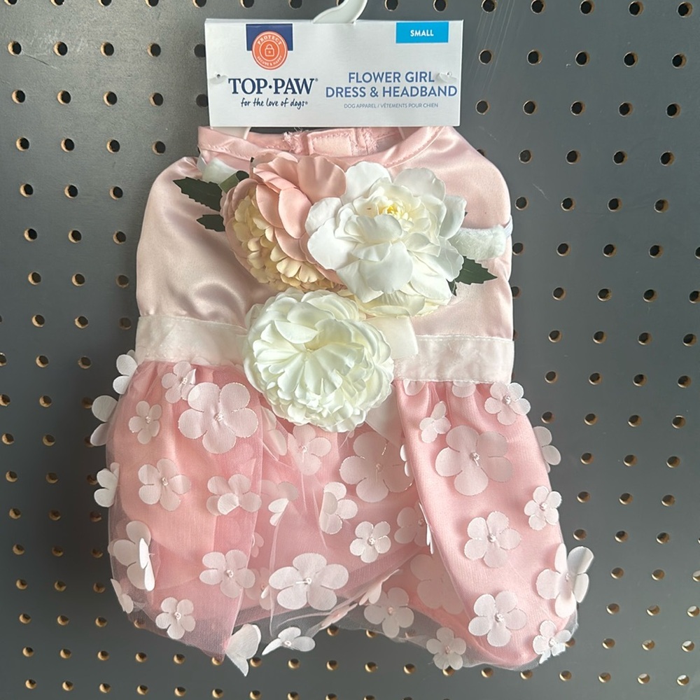 New Top Paw Flower Girl Dog Dress & Headband Pink Wedding Costume